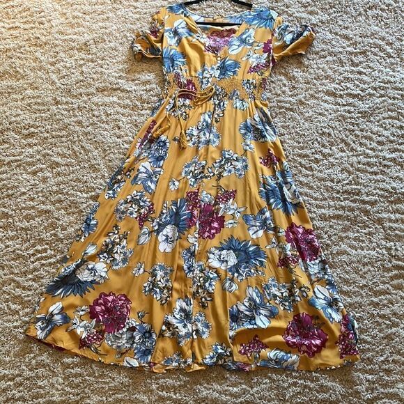 MUSTARD YELLOW FLORAL MAXI DRESS  SIZE S M L  BNWT - Picture 9 of 10